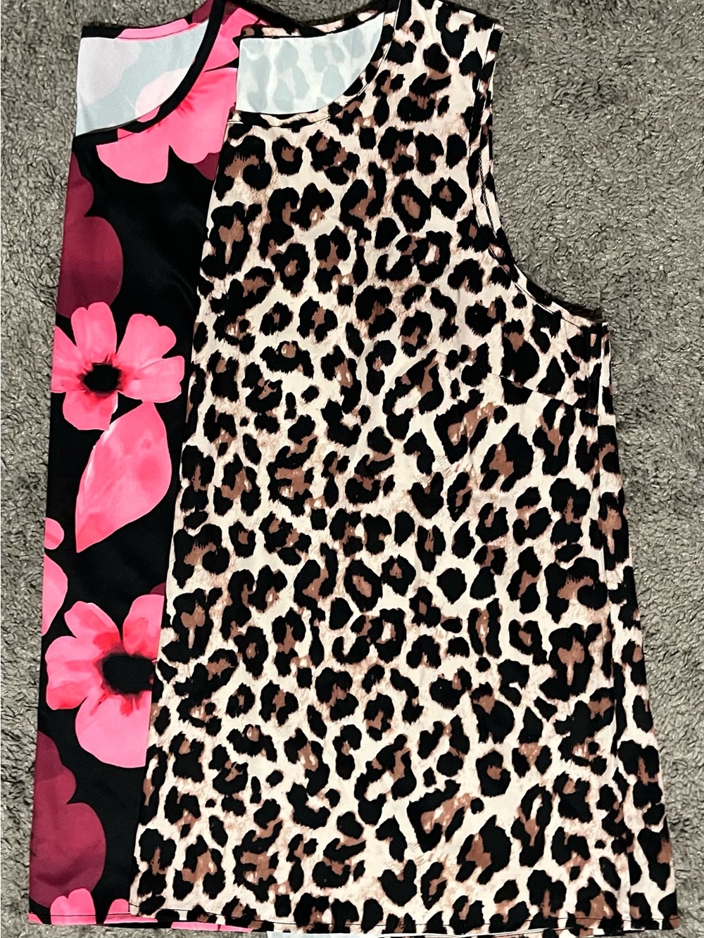 Leopard Print & Bright Flowered Sleeveless Silky Blouses Set of 2, Size 2X